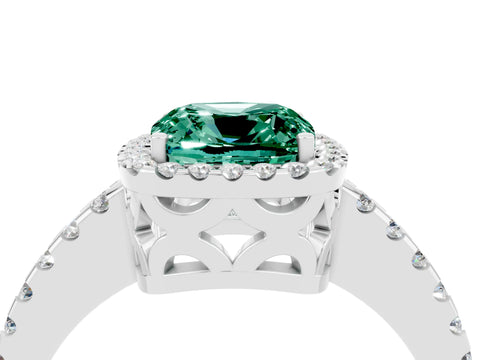 White gold Cushion Cut Green Sapphire Halo Engagement Ring with Pavé Band and Prong Setting_16
