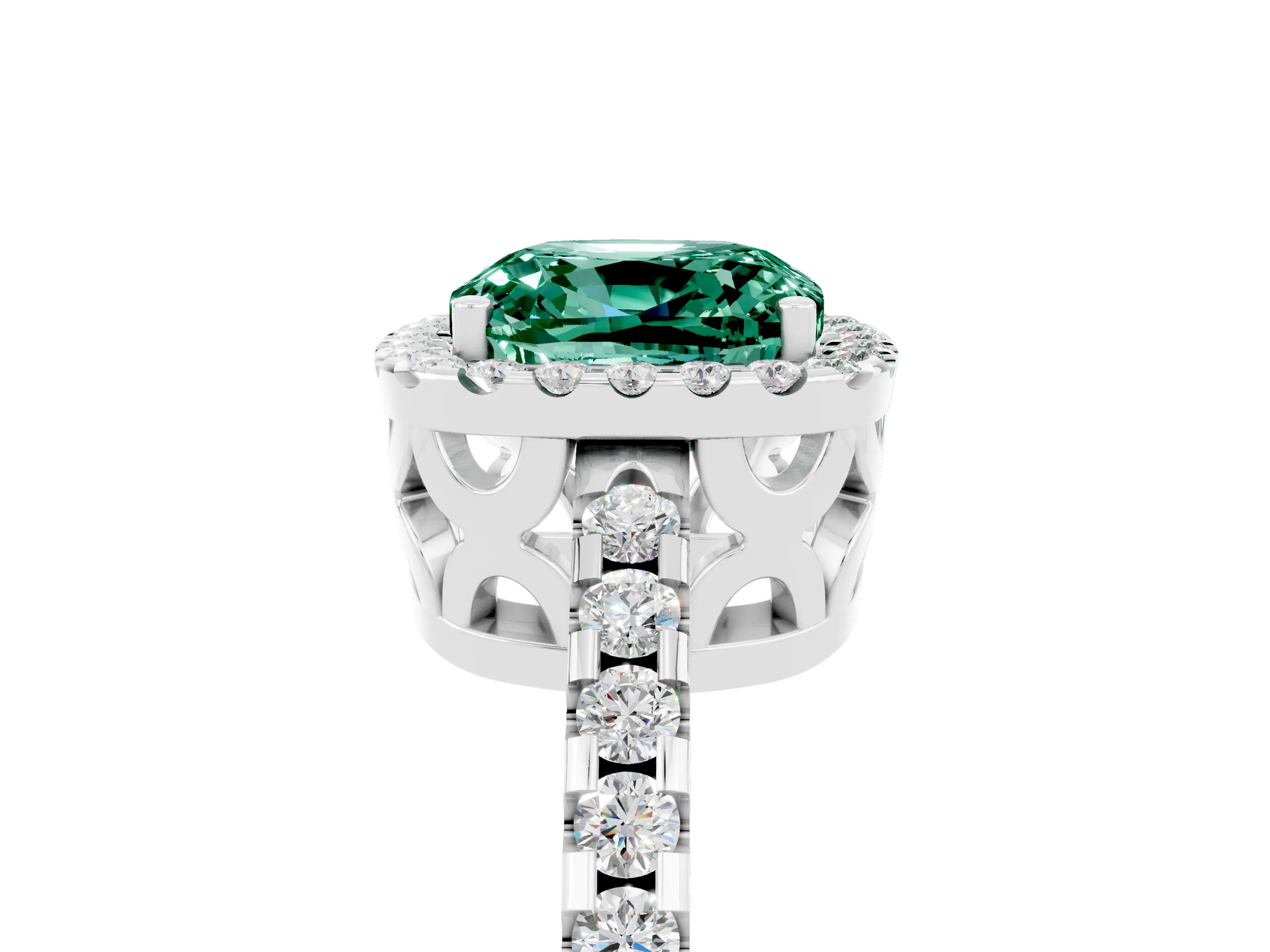 White gold Cushion Cut Green Sapphire Halo Engagement Ring with Pavé Band and Prong Setting_17