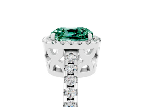 White gold Cushion Cut Green Sapphire Halo Engagement Ring with Pavé Band and Prong Setting_17