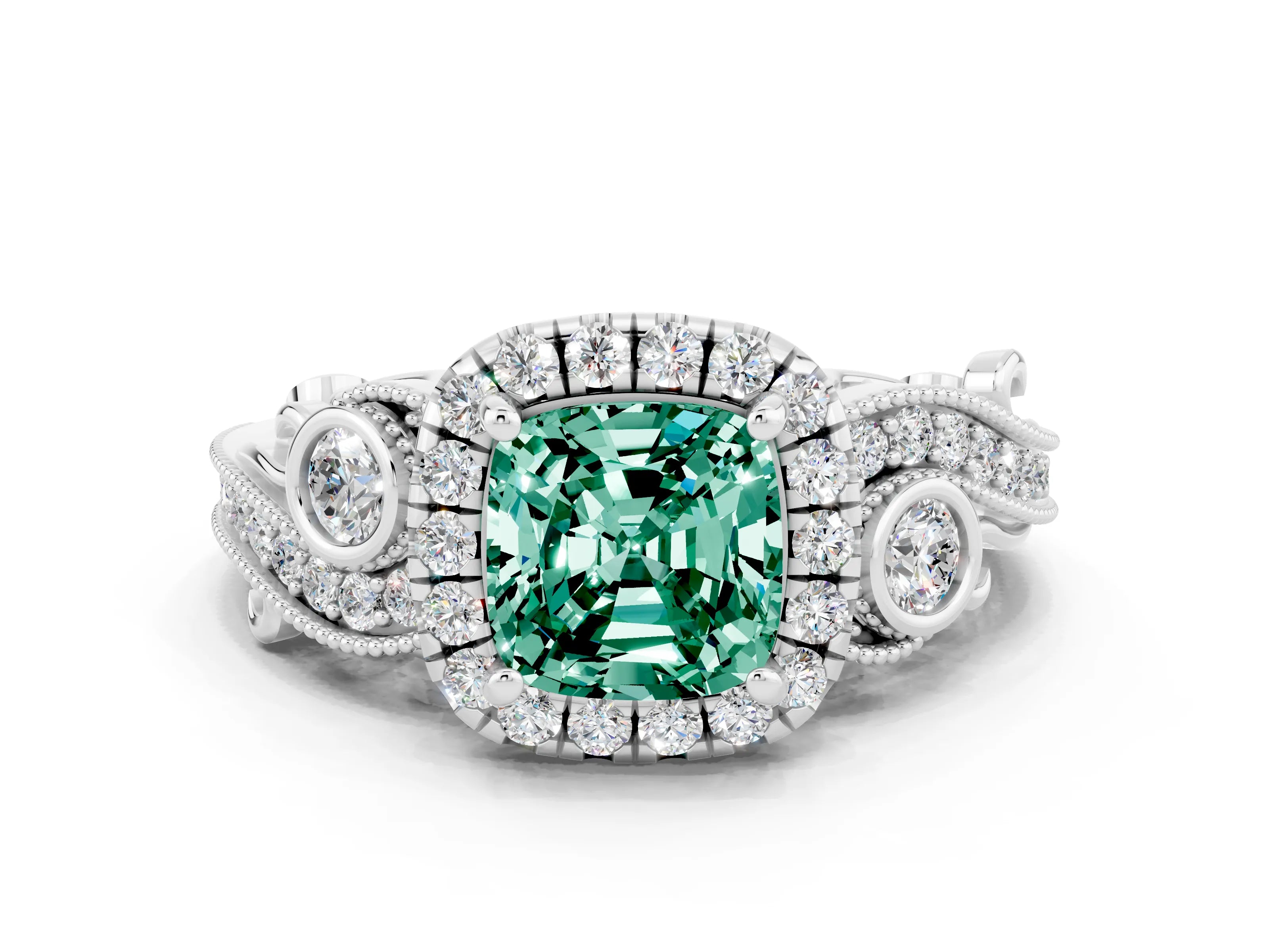 White gold Cushion Cut Green Sapphire Halo Ring with Milgrain Pavé Band and Four-Prong Setting_12