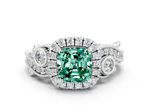 White gold Cushion Cut Green Sapphire Halo Ring with Milgrain Pavé Band and Four-Prong Setting_12