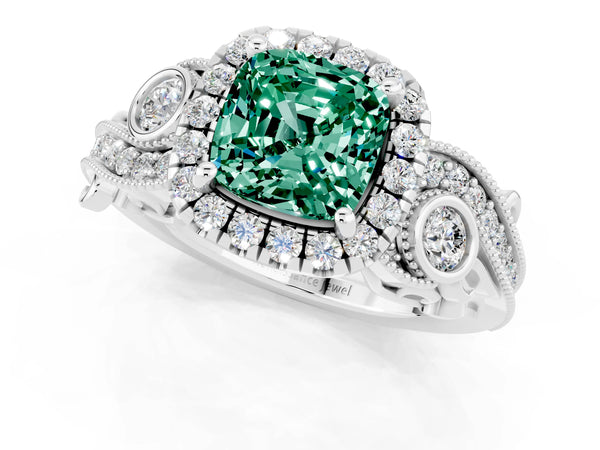 White gold Cushion Cut Green Sapphire Halo Ring with Milgrain Pavé Band and Four-Prong Setting