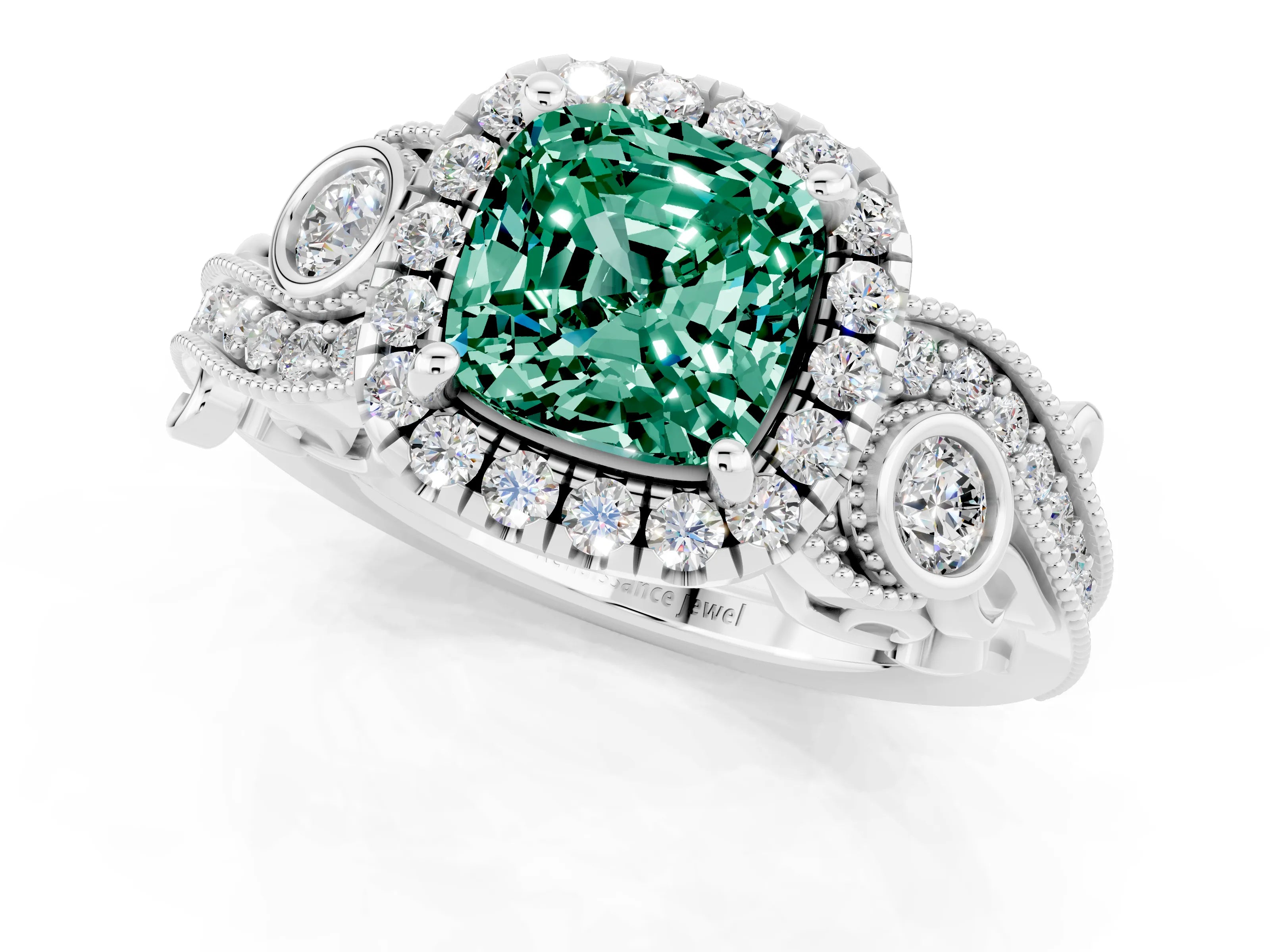 White gold Cushion Cut Green Sapphire Halo Ring with Milgrain Pavé Band and Four-Prong Setting_13