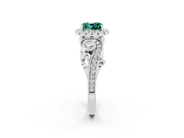 Platinum Cushion Cut Green Sapphire Halo Ring with Milgrain Pavé Band and Four-Prong Setting