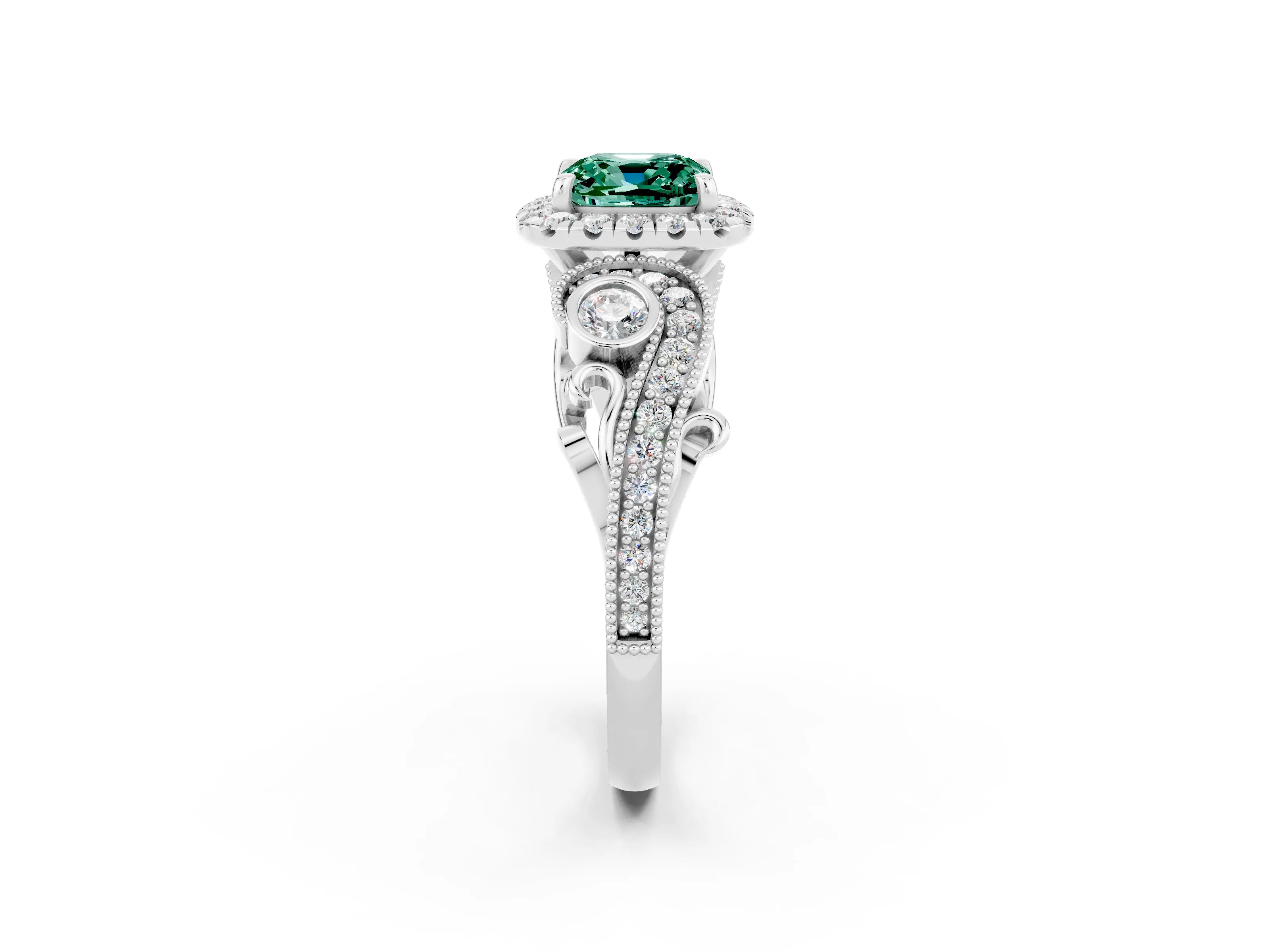 White gold Cushion Cut Green Sapphire Halo Ring with Milgrain Pavé Band and Four-Prong Setting_14