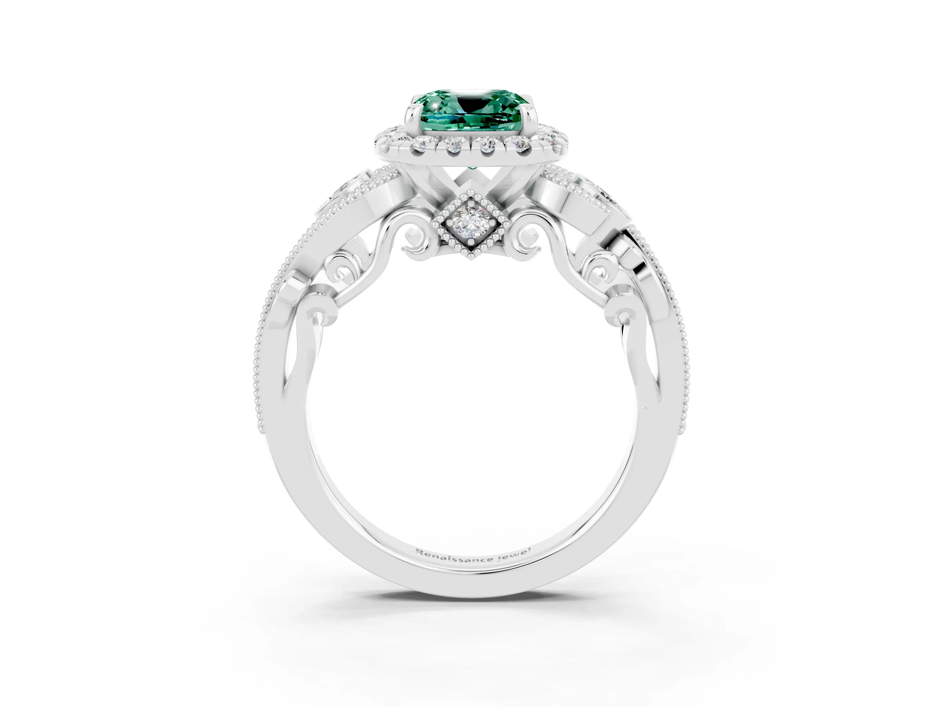 White gold Cushion Cut Green Sapphire Halo Ring with Milgrain Pavé Band and Four-Prong Setting_15