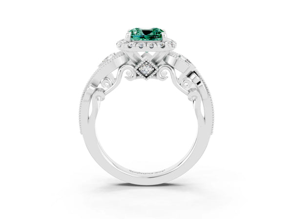 Platinum Cushion Cut Green Sapphire Halo Ring with Milgrain Pavé Band and Four-Prong Setting