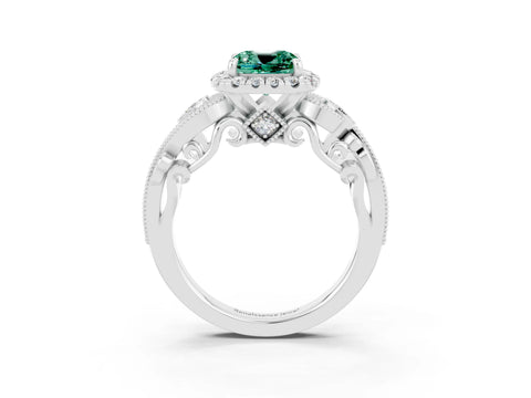 White gold Cushion Cut Green Sapphire Halo Ring with Milgrain Pavé Band and Four-Prong Setting_15
