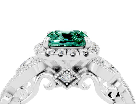 White gold Cushion Cut Green Sapphire Halo Ring with Milgrain Pavé Band and Four-Prong Setting_16