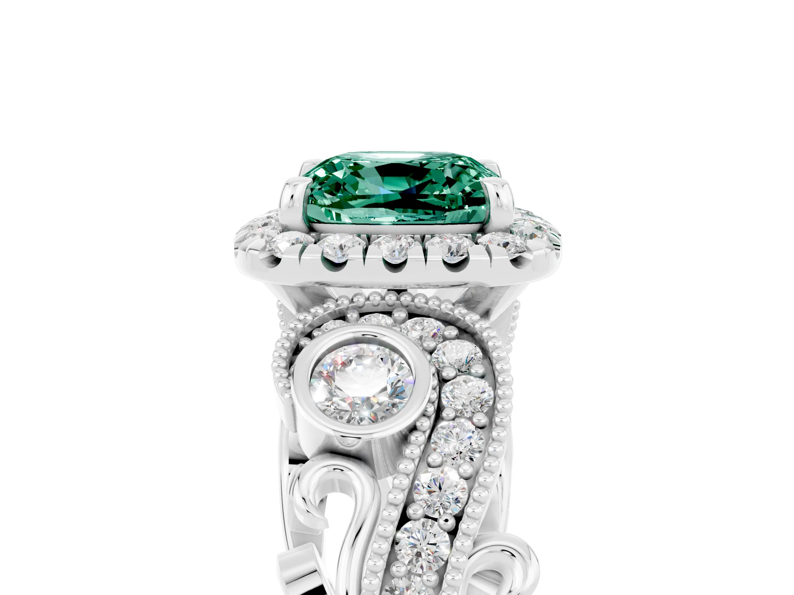 White gold Cushion Cut Green Sapphire Halo Ring with Milgrain Pavé Band and Four-Prong Setting_17