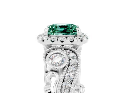 White gold Cushion Cut Green Sapphire Halo Ring with Milgrain Pavé Band and Four-Prong Setting_17