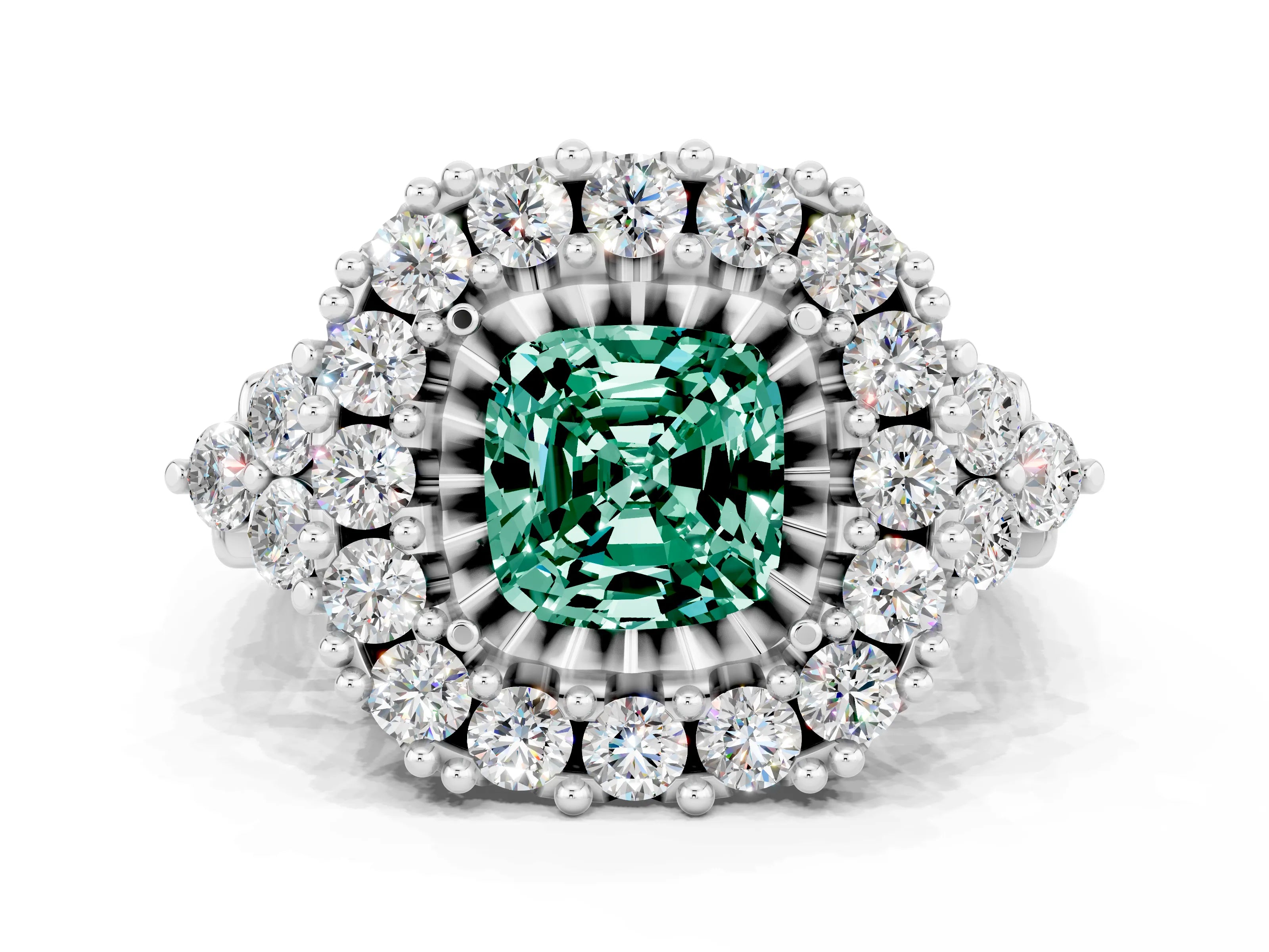 White gold Cushion Cut Green Sapphire Halo Ring with Pavé Band and Four-Prong Setting_12