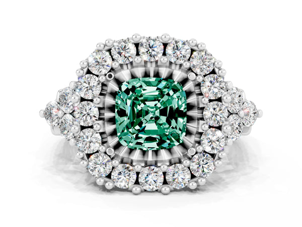 Platinum Cushion Cut Green Sapphire Halo Ring with Pavé Band and Four-Prong Setting