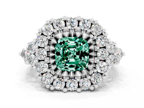 White gold Cushion Cut Green Sapphire Halo Ring with Pavé Band and Four-Prong Setting_12