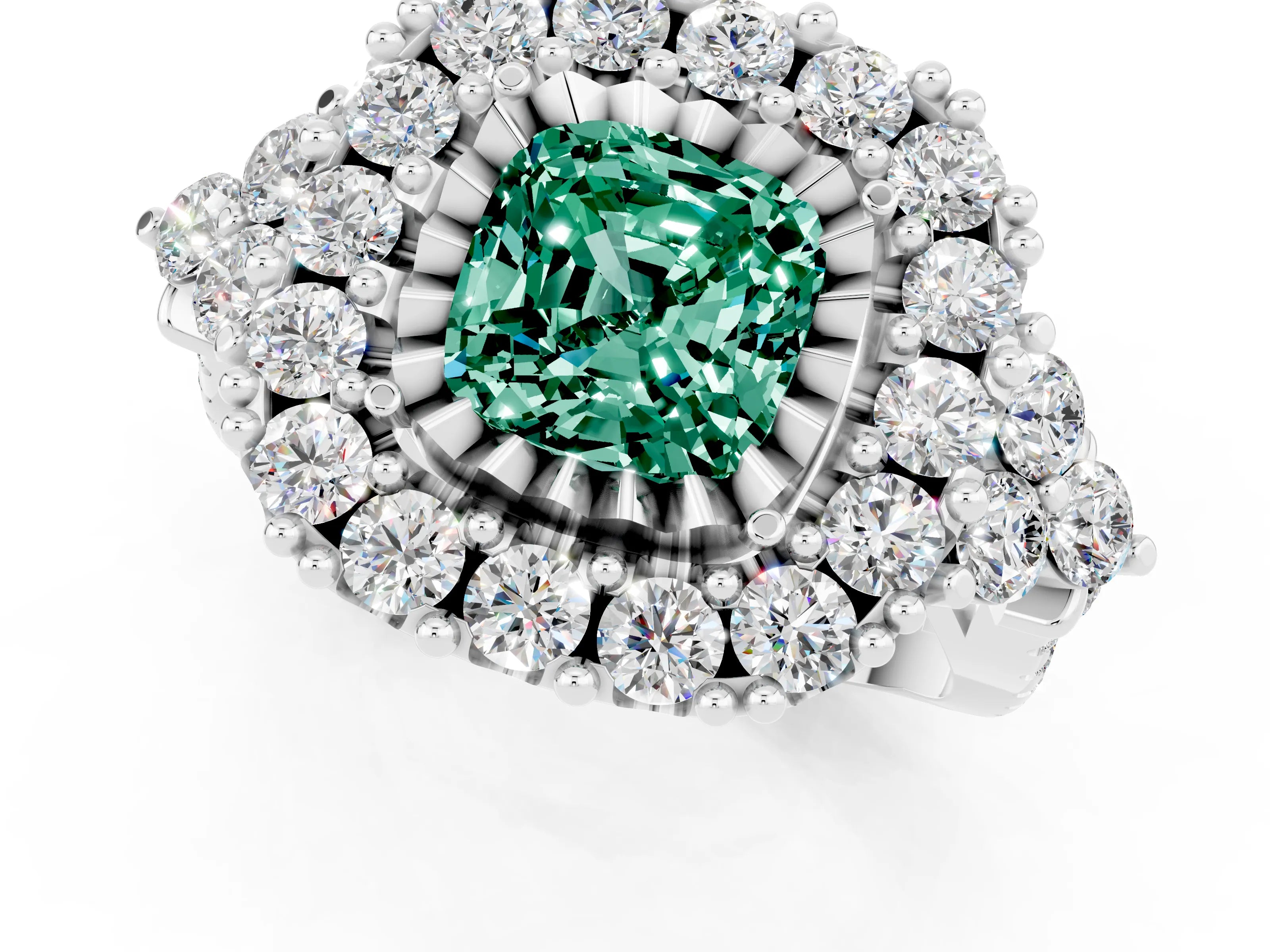 White gold Cushion Cut Green Sapphire Halo Ring with Pavé Band and Four-Prong Setting_13