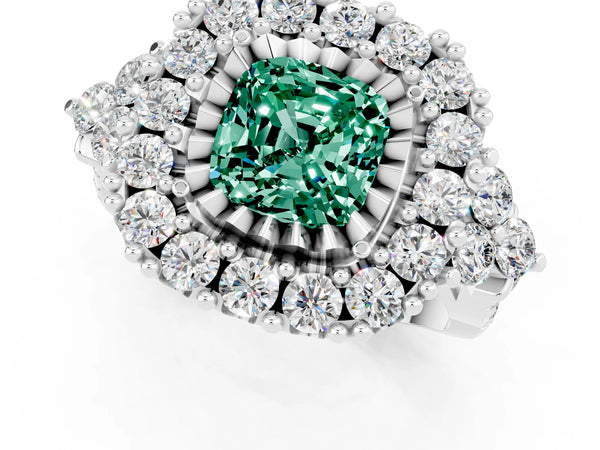 White gold Cushion Cut Green Sapphire Halo Ring with Pavé Band and Four-Prong Setting