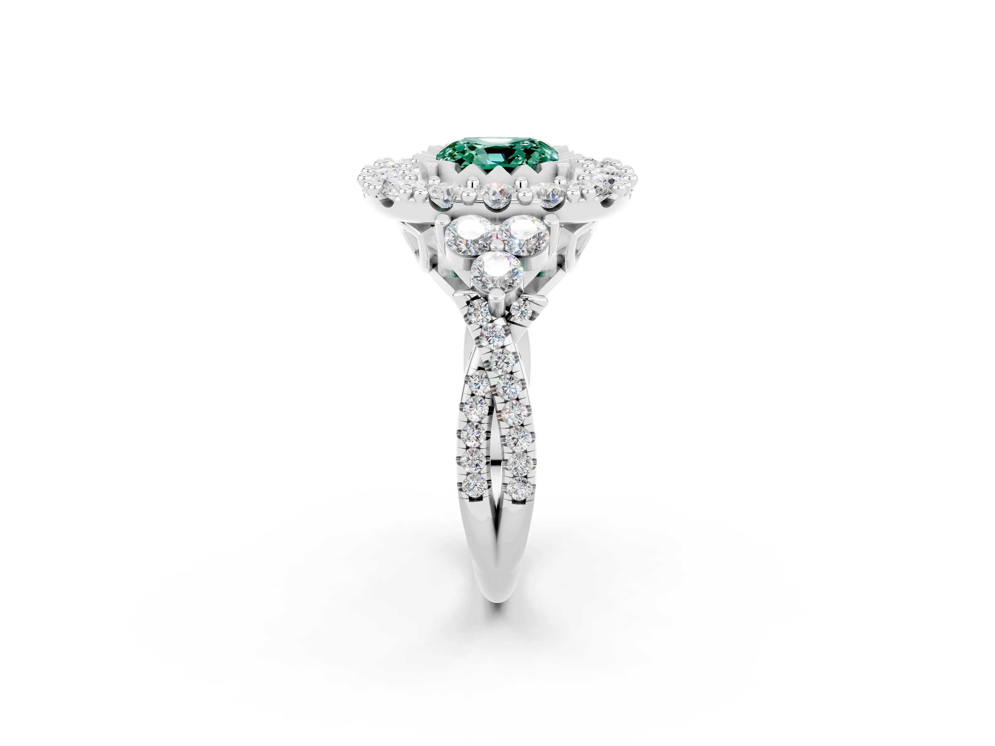 White gold Cushion Cut Green Sapphire Halo Ring with Pavé Band and Four-Prong Setting_14