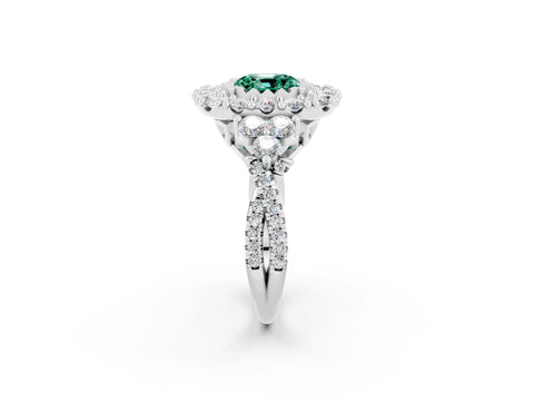 White gold Cushion Cut Green Sapphire Halo Ring with Pavé Band and Four-Prong Setting_14