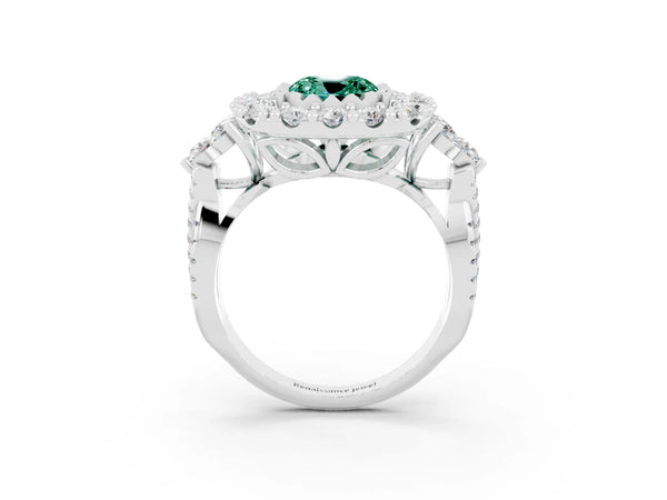 Silver Cushion Cut Green Sapphire Halo Ring with Pavé Band and Four-Prong Setting