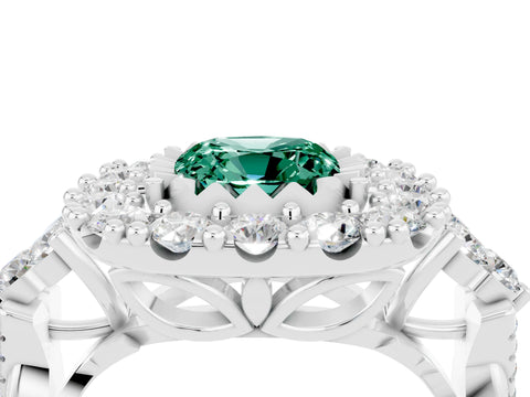 White gold Cushion Cut Green Sapphire Halo Ring with Pavé Band and Four-Prong Setting_16