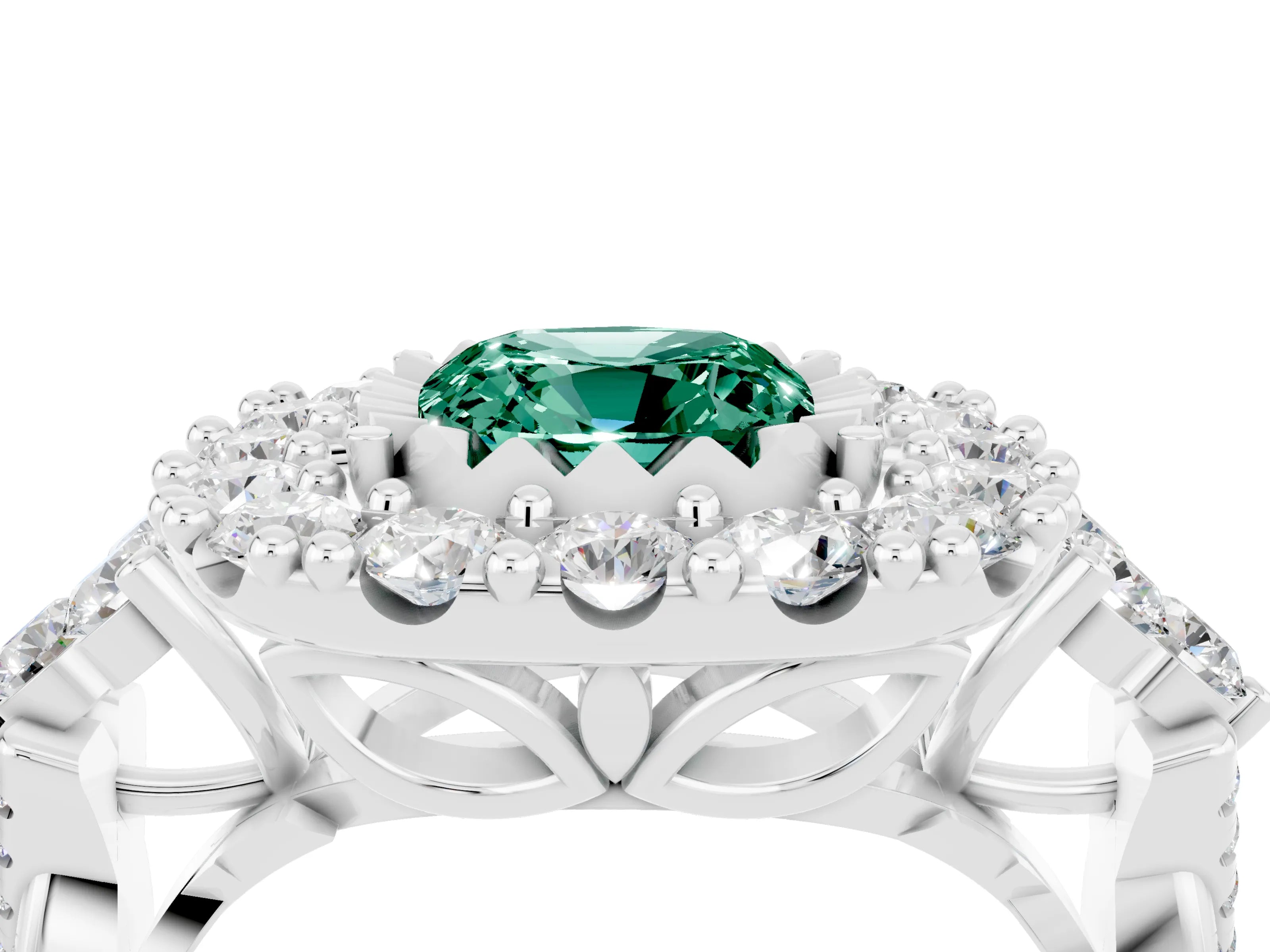 White gold Cushion Cut Green Sapphire Halo Ring with Pavé Band and Four-Prong Setting_16