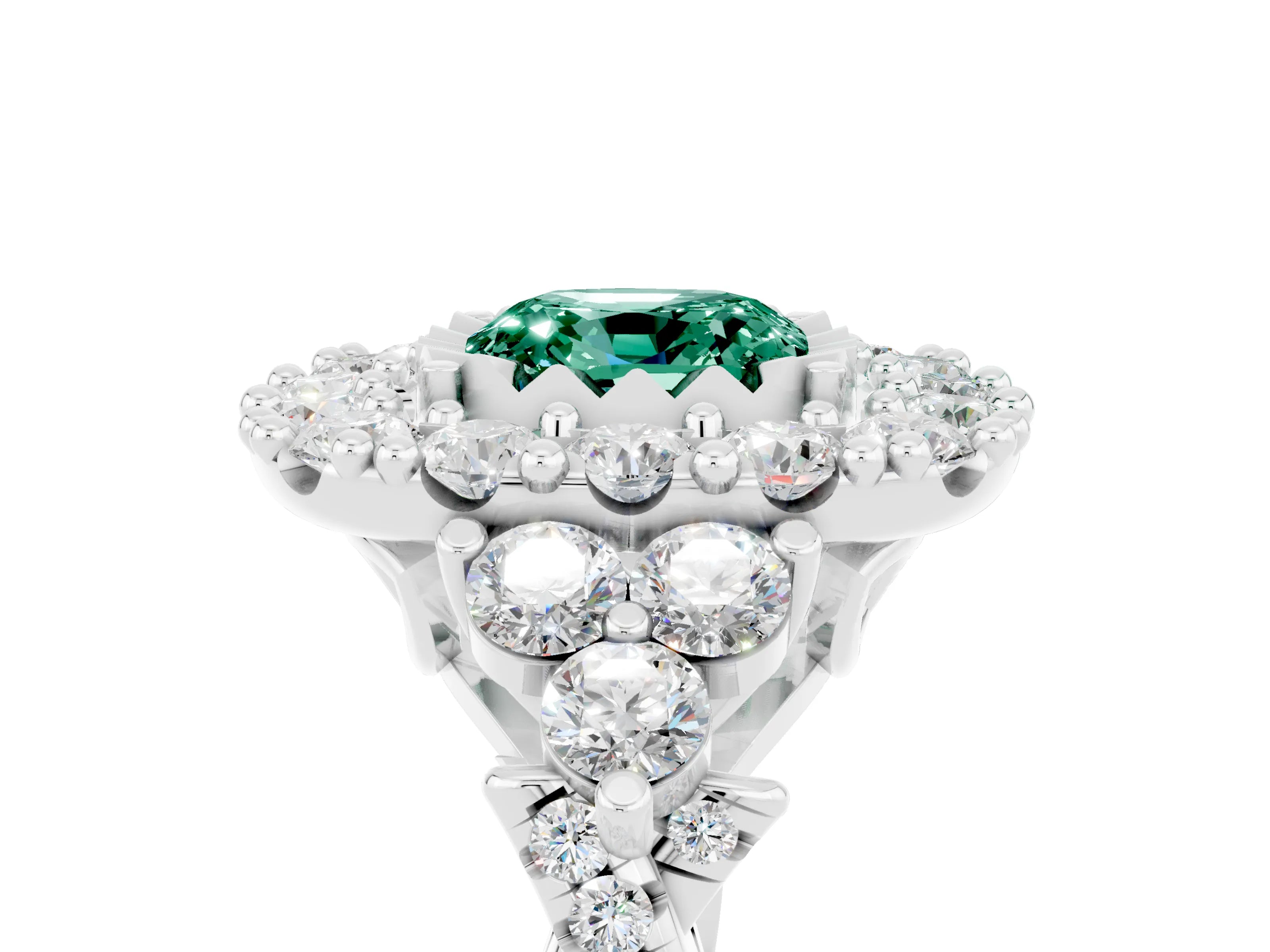 White gold Cushion Cut Green Sapphire Halo Ring with Pavé Band and Four-Prong Setting_17