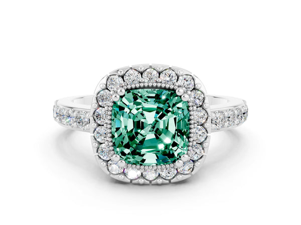 Platinum Cushion Cut Green Sapphire Halo Ring with Pavé Band and Prong Setting