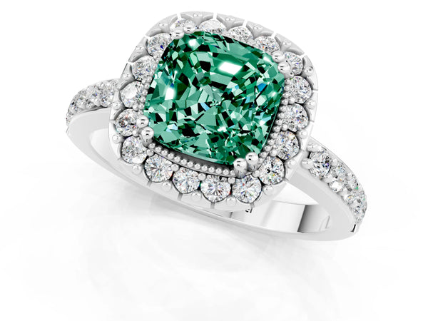 Platinum Cushion Cut Green Sapphire Halo Ring with Pavé Band and Prong Setting