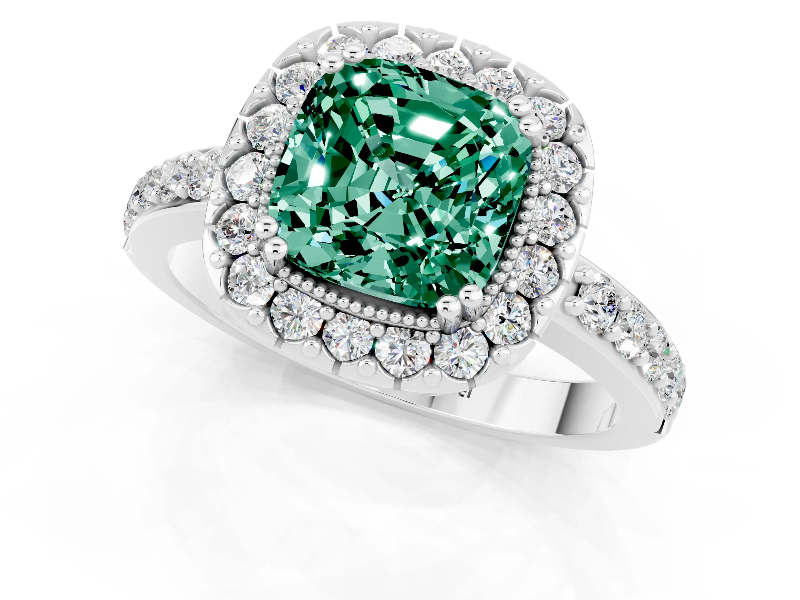 White gold Cushion Cut Green Sapphire Halo Ring with Pavé Band and Prong Setting_1