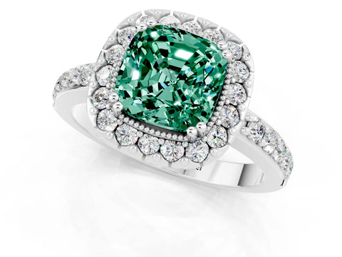 White gold Cushion Cut Green Sapphire Halo Ring with Pavé Band and Prong Setting_1