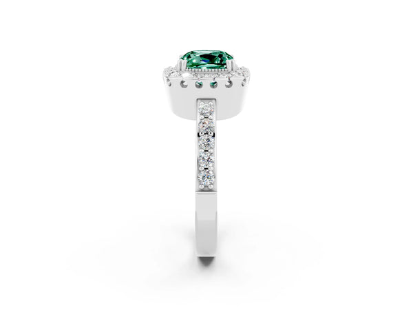Silver Cushion Cut Green Sapphire Halo Ring with Pavé Band and Prong Setting