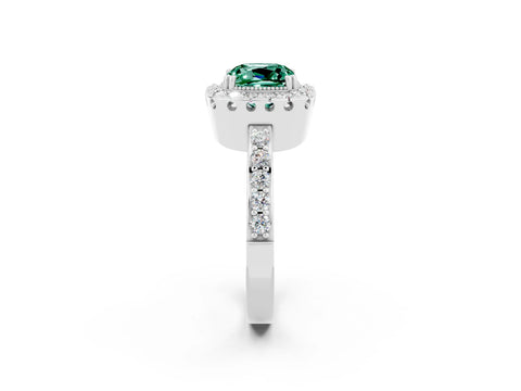 White gold Cushion Cut Green Sapphire Halo Ring with Pavé Band and Prong Setting_2