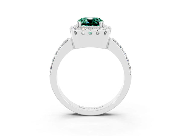 Silver Cushion Cut Green Sapphire Halo Ring with Pavé Band and Prong Setting