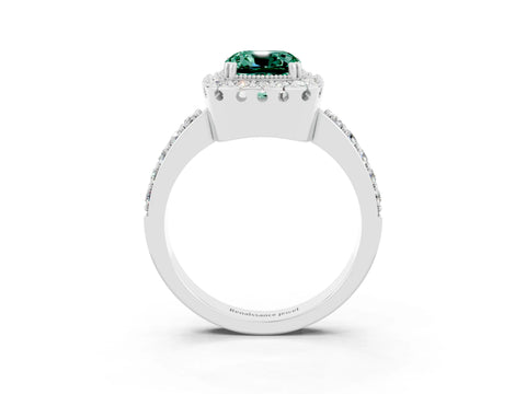 White gold Cushion Cut Green Sapphire Halo Ring with Pavé Band and Prong Setting_3
