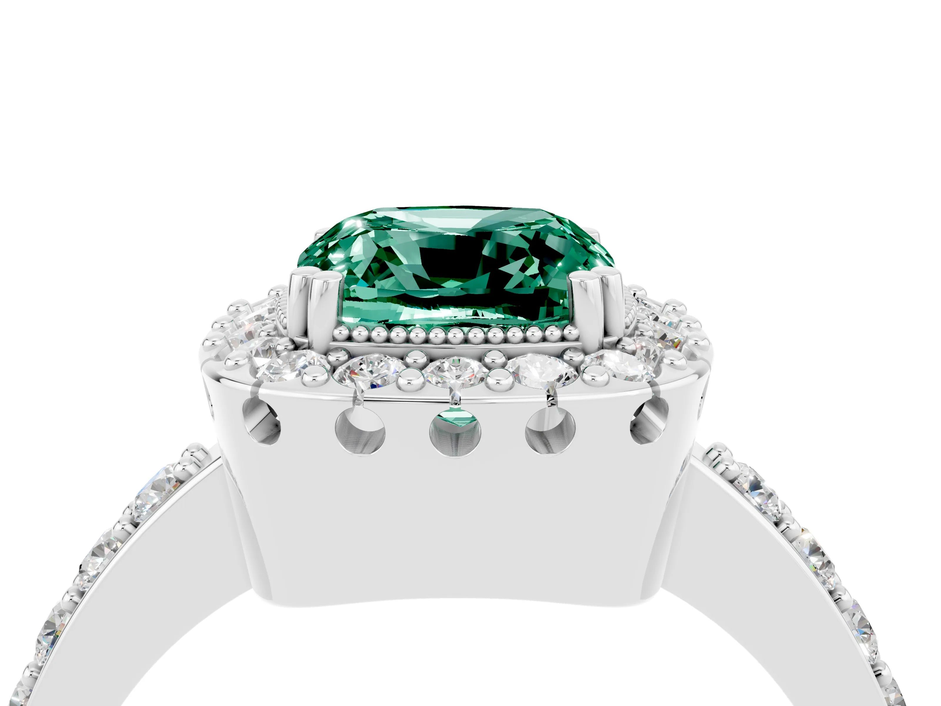 White gold Cushion Cut Green Sapphire Halo Ring with Pavé Band and Prong Setting_4