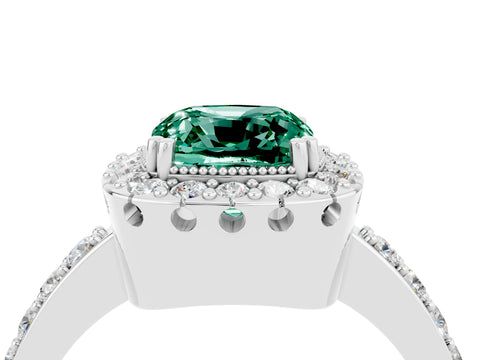 White gold Cushion Cut Green Sapphire Halo Ring with Pavé Band and Prong Setting_4