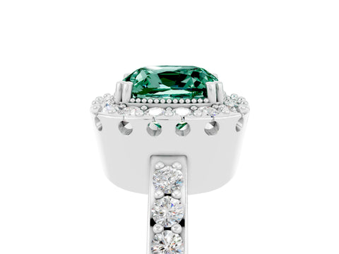 White gold Cushion Cut Green Sapphire Halo Ring with Pavé Band and Prong Setting_5