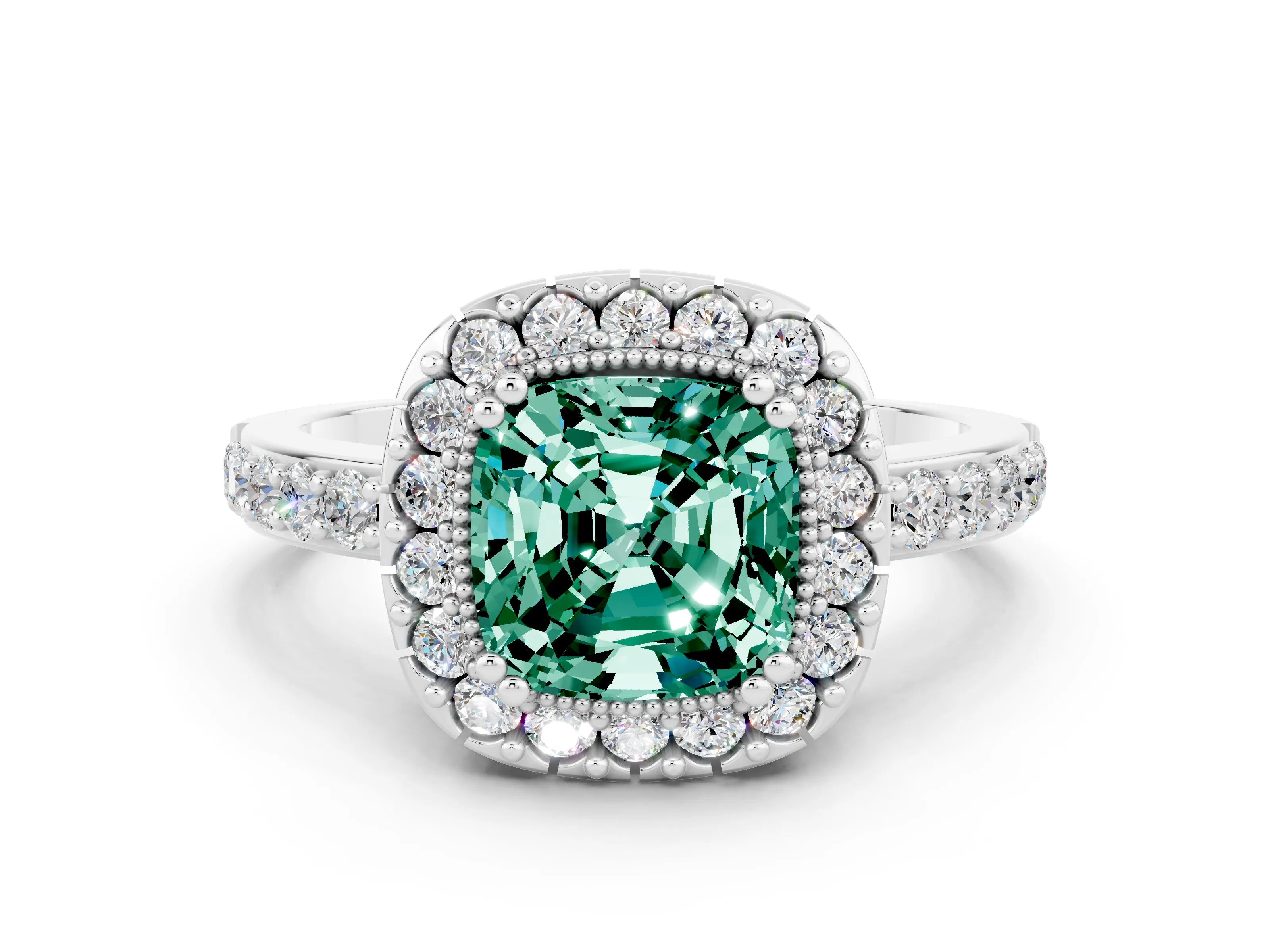 White gold Cushion Cut Green Sapphire Halo Ring with Pavé Band and Prong Setting