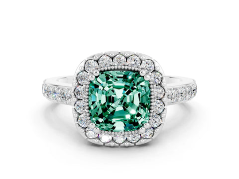 White gold Cushion Cut Green Sapphire Halo Ring with Pavé Band and Prong Setting