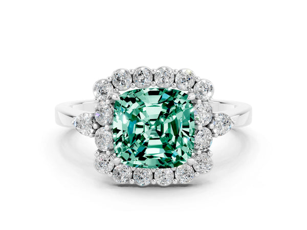 Platinum Cushion Cut Green Sapphire Halo Ring with Pear Side Stones and Prong Setting