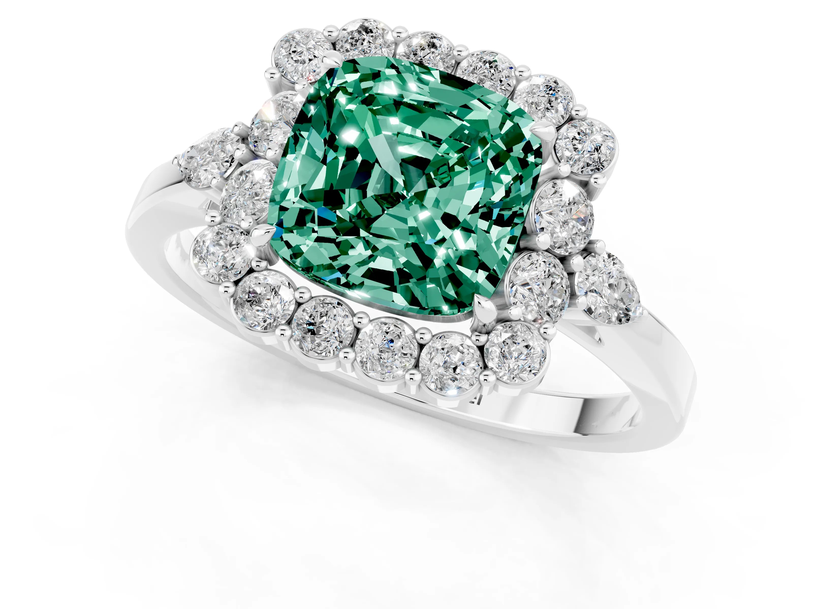 White gold Cushion Cut Green Sapphire Halo Ring with Pear Side Stones and Prong Setting_25