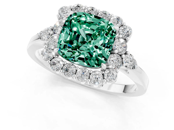 Platinum Cushion Cut Green Sapphire Halo Ring with Pear Side Stones and Prong Setting