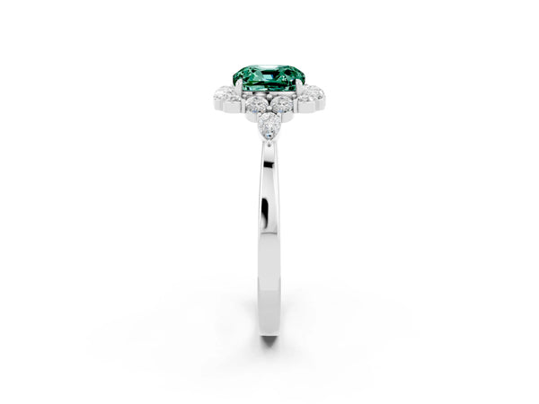 Platinum Cushion Cut Green Sapphire Halo Ring with Pear Side Stones and Prong Setting