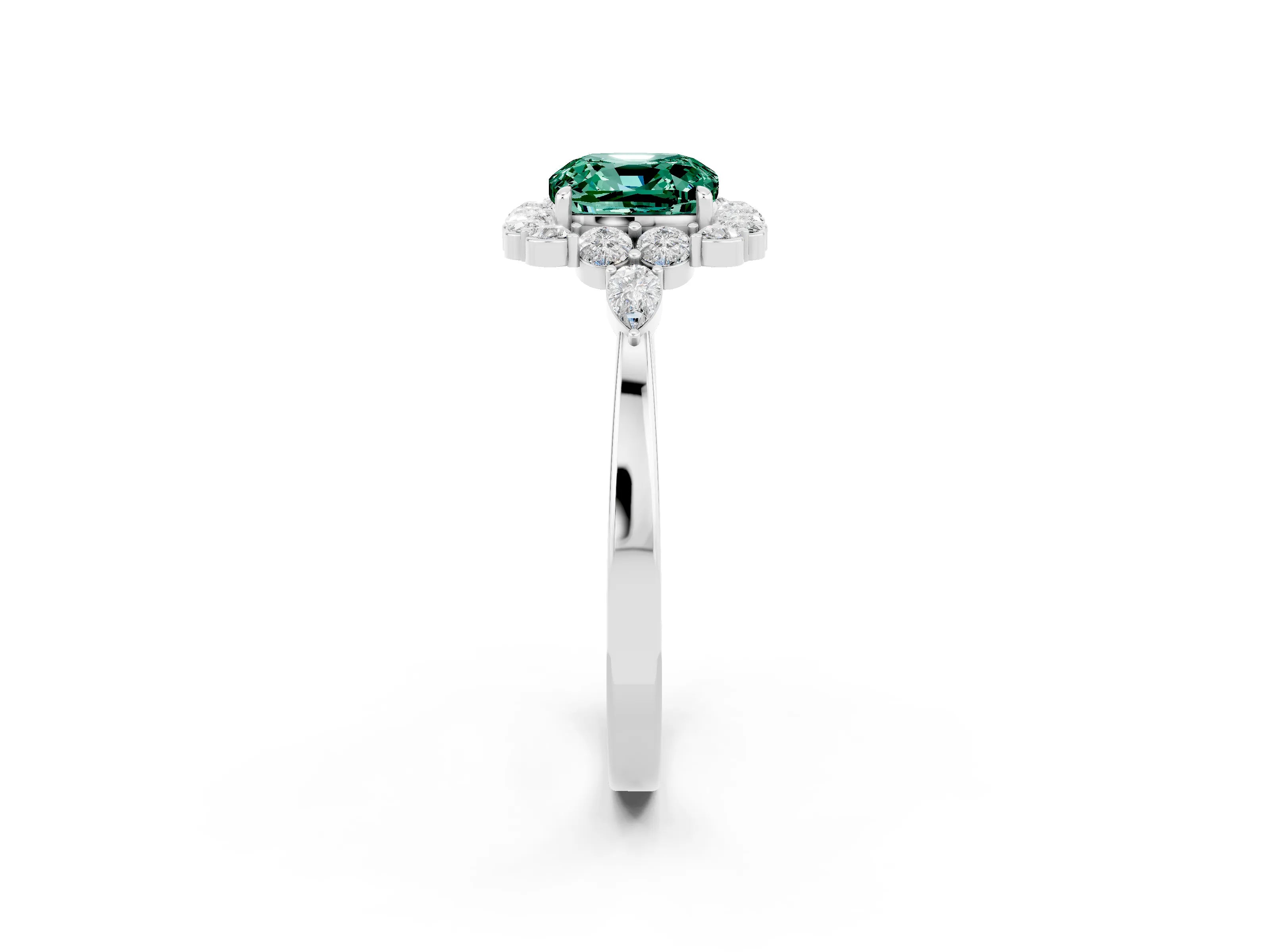White gold Cushion Cut Green Sapphire Halo Ring with Pear Side Stones and Prong Setting_26