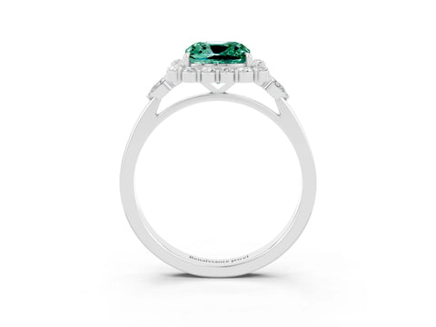 White gold Cushion Cut Green Sapphire Halo Ring with Pear Side Stones and Prong Setting_27