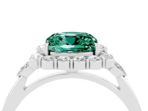 White gold Cushion Cut Green Sapphire Halo Ring with Pear Side Stones and Prong Setting_28