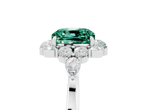 White gold Cushion Cut Green Sapphire Halo Ring with Pear Side Stones and Prong Setting_29