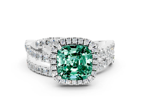 Platinum Cushion Cut Green Sapphire Halo Ring with Round Split Shank and Prong Setting