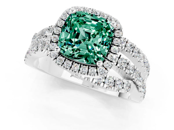 Platinum Cushion Cut Green Sapphire Halo Ring with Round Split Shank and Prong Setting