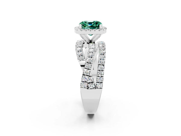 White gold Cushion Cut Green Sapphire Halo Ring with Round Split Shank and Prong Setting